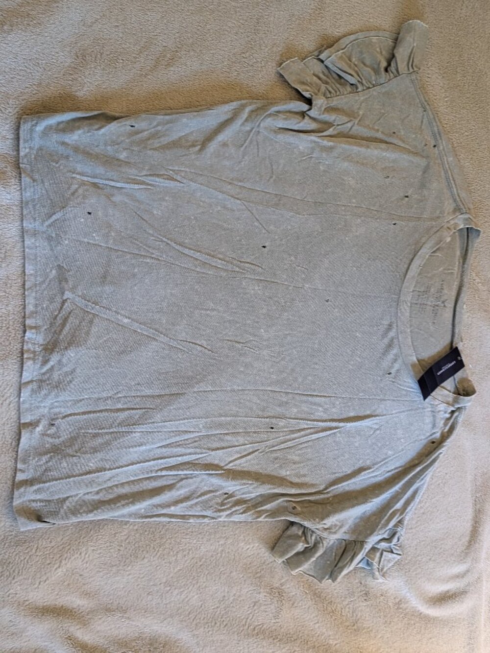 NEW AMERICAN EAGLE WOMEN'S T SHIRT S Small Tee Blue Green Distressed Ruffle Hole